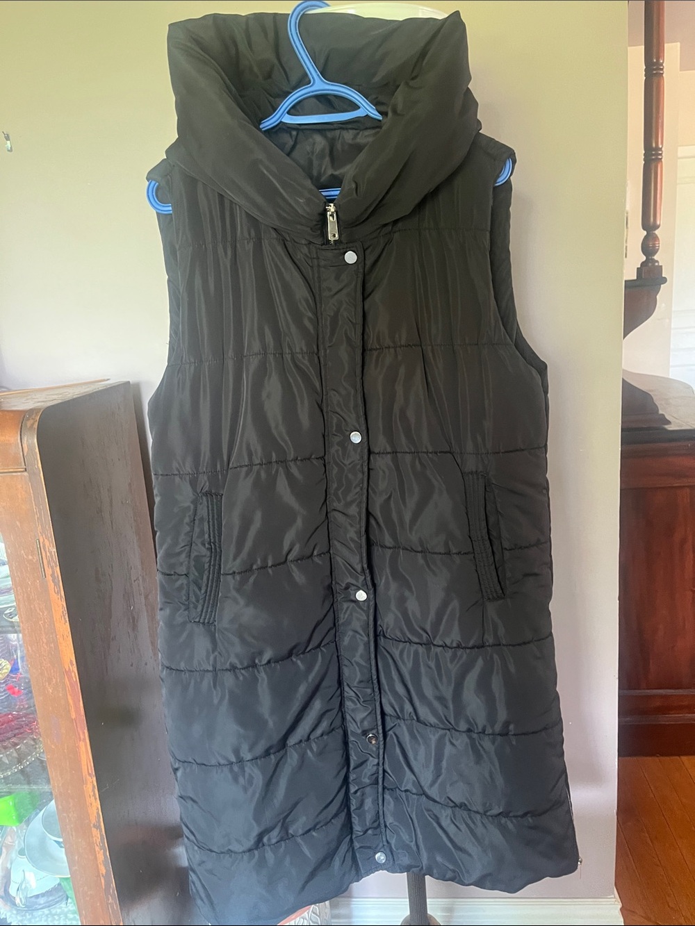Long Black Quilted Puffer Hooded Vest